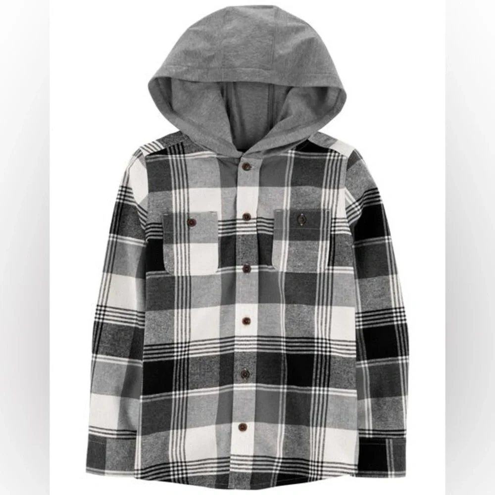 OshKosh B'gosh Black, Gray & White Hooded Flannel Shirt | 3T
